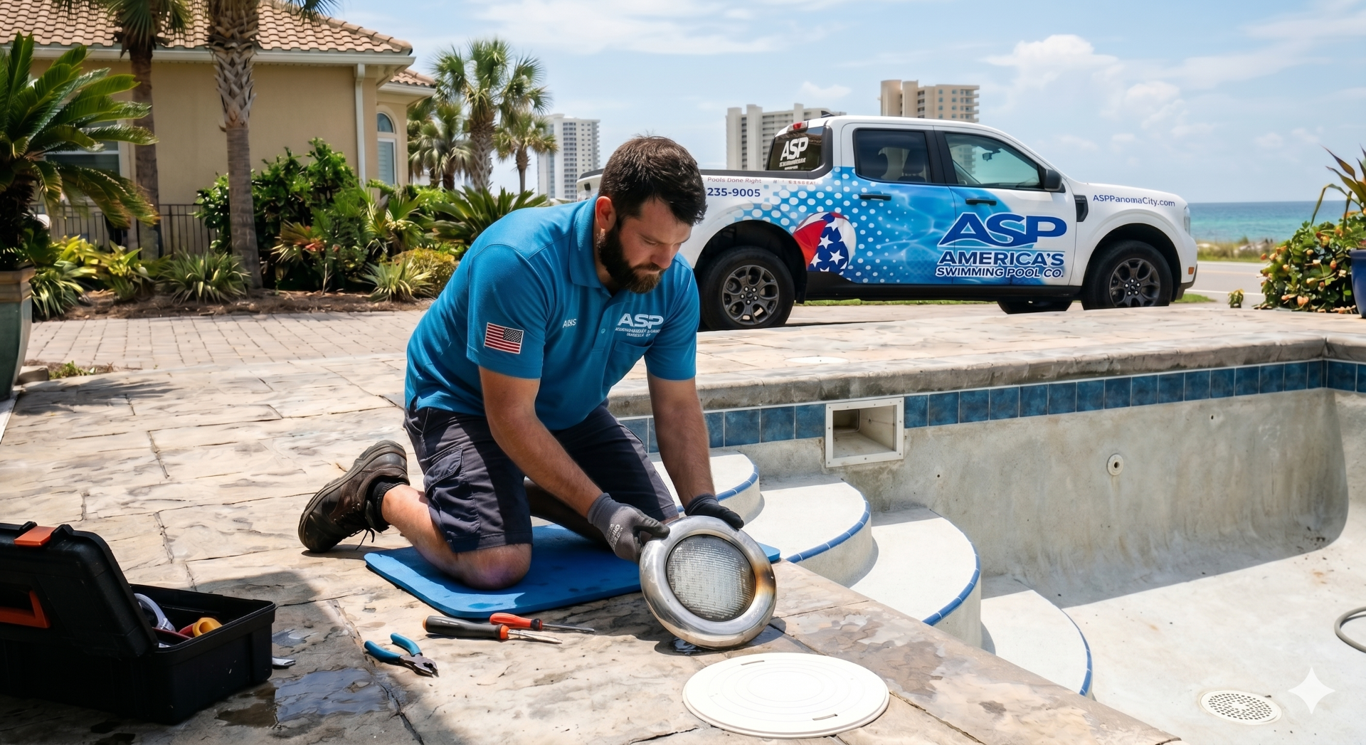 Man fixing broken pool light